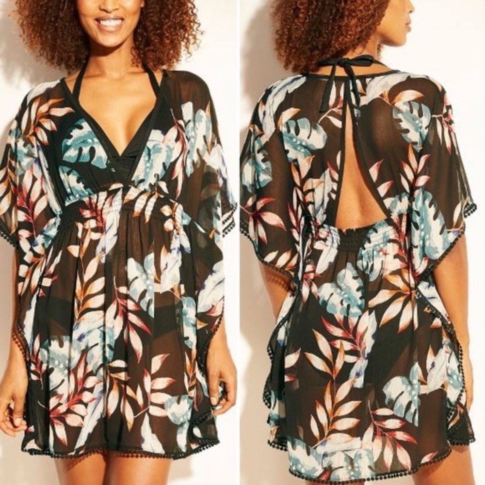 Kona Sol Black Floral Swim Coverup